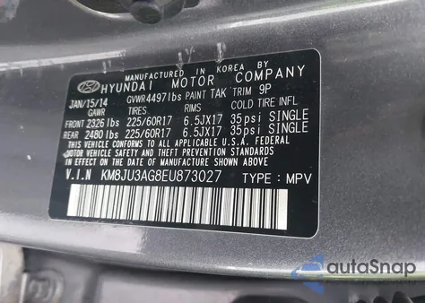 2014 Hyundai Tucson Se z USA, uszkodzony, nr VIN KM8JU3AG8EU873027